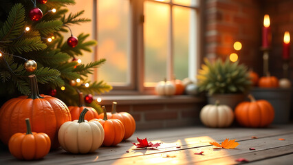warm golden light spills across autumn foliage surrounded twinkling holiday lights colorful pumpkins festive fall