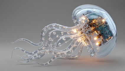 Stunning cybernetic jellyfish with glowing circuits, a marvel of futuristic bio-engineering and innovation