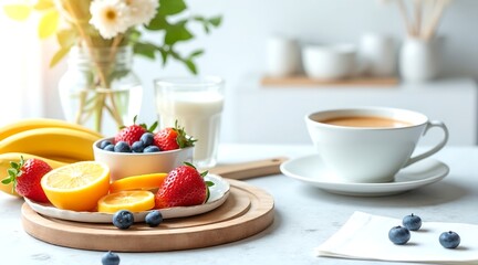 a clean and minimalist image featuring a simple and healthy breakfast spread on a table in natural morning light