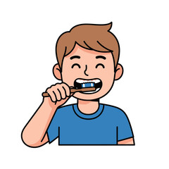 Obraz premium Cartoon boy with a toothbrush, happily brushing his teeth.