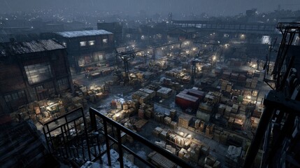 Snowy Industrial Area At Night