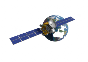 Photo of a satellite orbits the earth, utilizing solar panels for power and global communication isolated on transparent background