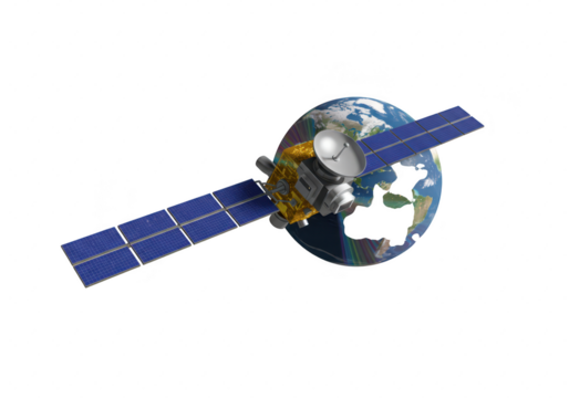 Photo of a satellite orbits the earth, utilizing solar panels for power and global communication isolated on transparent background