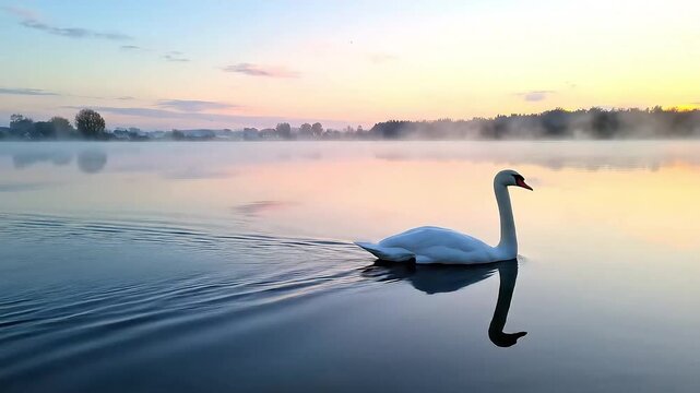 Serene swan gliding across a misty lake at dawn, reflecting soft colors of the sunrise