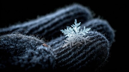 Naklejka premium Snowflake resting on dark knit gloves