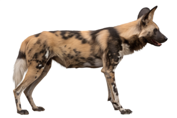 African wild dog (lycaon pictus) isolated on transparent background, endangered painted wolf
