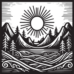 Obraz premium Black and white stylized landscape with sun mountains lake and trees nature