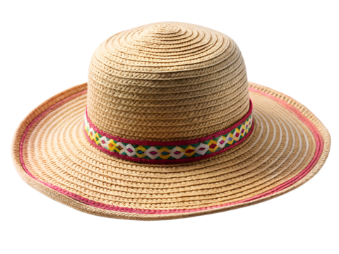Woven straw hat with colorful band isolated on transparent background