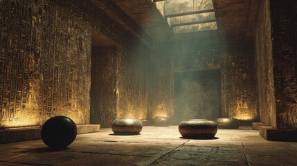 Ancient Alien Spaceship Interior with hieroglyph-covered walls levitating artifacts and an eerie golden glow from unknown energy sources