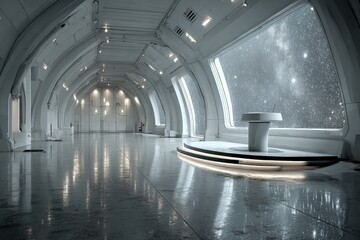 Spaceship Interior A sleek silver podium in a spaceship empty designed stars visible outside