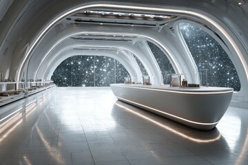 Spaceship Interior A sleek silver podium in a spaceship empty designed stars visible outside