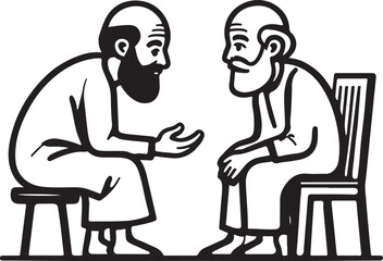 Fototapeta premium Two bald men with beards talking while sitting on chairs conversation discussion