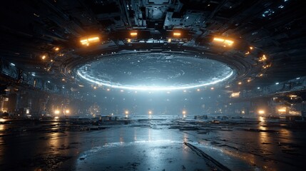 Spaceship Interior AI Core Room with a massive central processor swirling data streams and a faint hum of artificial intelligence at work
