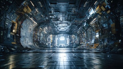 Spaceship Interior AI Core Room with a massive central processor swirling data streams and a faint hum of artificial intelligence at work