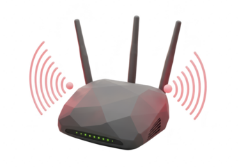 Photo of a gray router with antennas and wifi signal isolated on transparent background, representing wireless internet technology