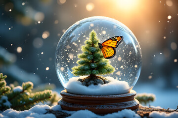 Magical winter snow globe with a vibrant butterfly perched on a miniature christmas tree surrounded by falling snow