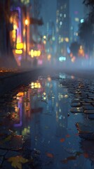 Obraz premium Rainy Night City Street Scene With Reflections