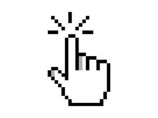 Fototapeta premium Hand cursor pointer icon in pixel style. Clicking finger. Computer mouse click symbol. Press or select button for web. Vector illustration isolated on white background. 