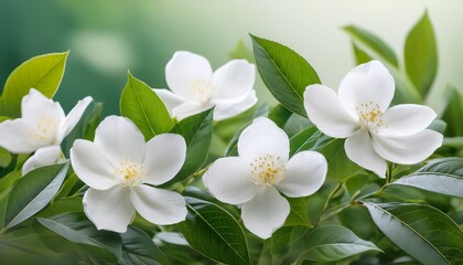 Obraz premium soft white flowers with gentle green leaves on a serene background