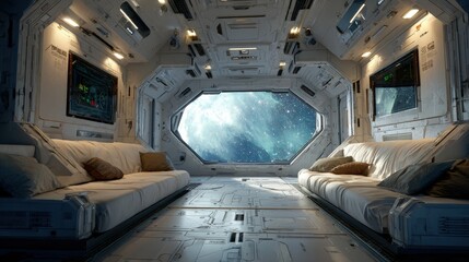 Minimalist Spaceship Interior with clean white surfaces hidden compartments and a single large window framing a nebula