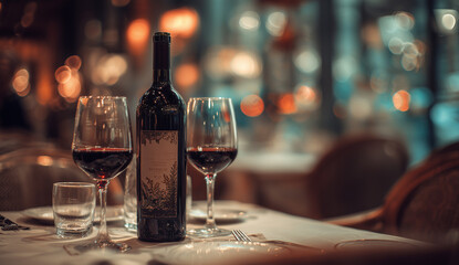 Obraz premium A Bottle of Red Wine and Two Glasses at a Restaurant