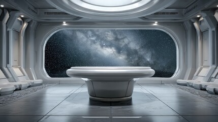 Spaceship Interior A sleek silver podium in a spaceship empty designed stars visible outside