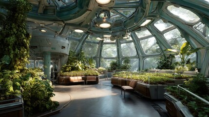 Spaceship Interior Colony Ship Greenhouse filled with lush plants hydroponic systems and sunlight streaming through dome-shaped observation panels