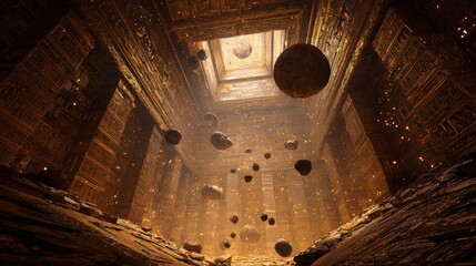 Ancient Alien Spaceship Interior with hieroglyph-covered walls levitating artifacts and an eerie golden glow from unknown energy sources