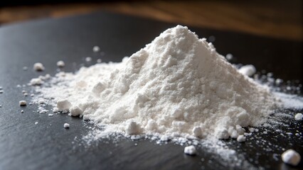 white powder, such as flour or baking soda, on a contrasting dark, slate-like surface,  cooking blogs, baking recipes, scientific concepts, and product advertising