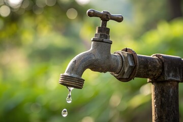 Rustic Outdoor Water Faucet Dripping in Sunlit Garden