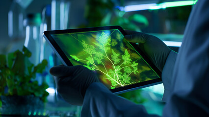 Digital tablet scanning plant structure in lab environment. Agricultural biotechnology concept.
