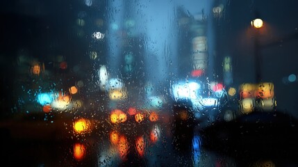 Naklejka premium Blurred City Lights At Night Through Rain-streaked Window