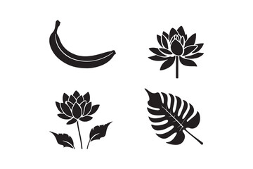 Fototapeta premium Black silhouette icons of banana flower and tropical leaf on white background