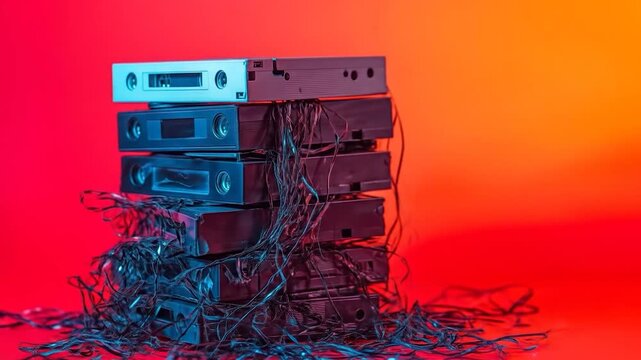 Stacked VHS Tapes with Tangled Wires: Retro Media in Vibrant Red and Blue Lighting