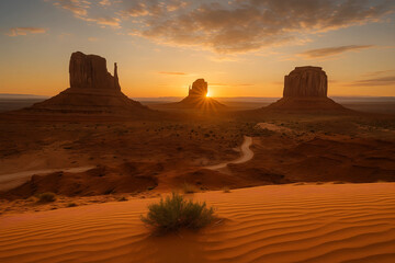 Monument Valley Sunset: Capturing the awe-inspiring beauty of Monument Valley at sunset. The majestic sandstone buttes are silhouetted against a vibrant sky.