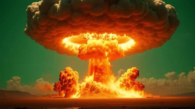 Dramatic mushroom cloud explosion with intense energy and bright light in a desert landscape