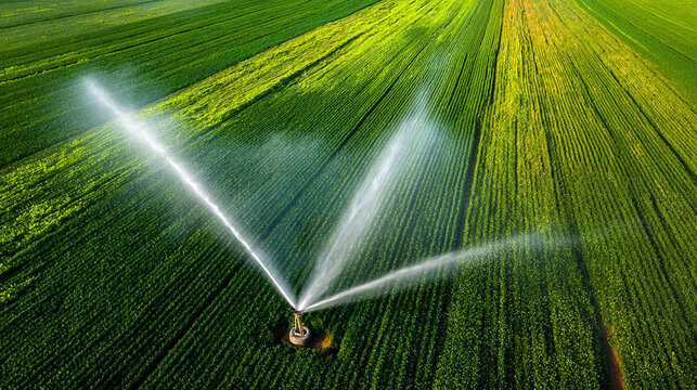 Modern Irrigation System on Lush Green Farmland – Aerial View. Aerial view of modern irrigation system watering vibrant green agricultural field. Precision farming, sustainable agriculture,