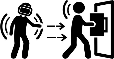 Fototapeta premium Stick figure with head gear sending signals to another stick figure opening a door with a handle silhouette
