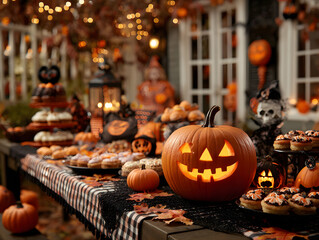 Obraz premium Trick or treat party and Pumpkin Jack-O-Lantern surrounded by halloween decor