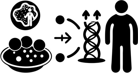 Illustration showing a person emerging from a cell, being transformed, and becoming a whole person silhouette