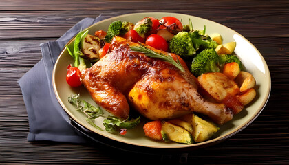 Grilled Chicken with Roasted Potatoes and Fresh Vegetables on Plate