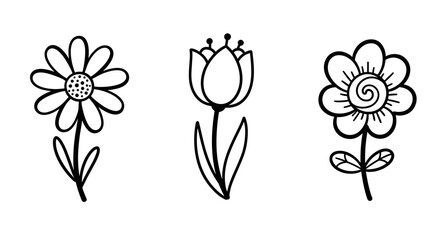 Set of three flower icons in black line art on white background  