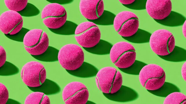 A sports-themed image showcasing a pattern of vibrant pink tennis balls on a contrasting green background.