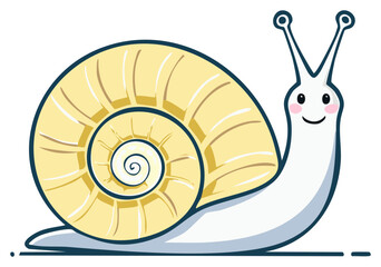 Obraz premium Happy smiling cartoon snail with a yellow spiral shell and rosy cheeks cheerfully moving forward