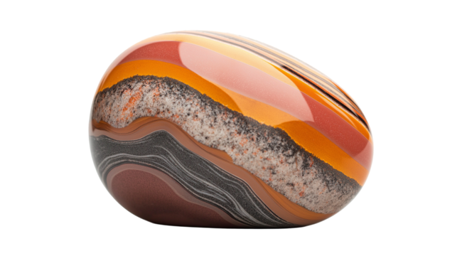 A polished marble piece with orange, brown, and black wavy lines displayed on a white background or transparent png 