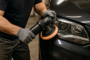 Man polishing car headlight using electric buffer with foam pad in garage setting.