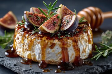 Brie with honey and figs on slate plate, topped with rosemary sprigs for an elegant appetizer