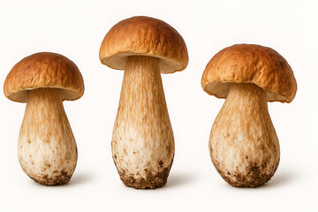Three porcini mushrooms isolated on white background.