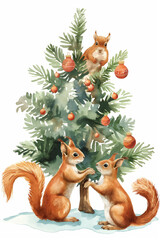Cartoon-style Christmas tree with squirrels and ornaments. Whimsical holiday concept.
