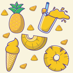 Pineapple cute vector. Summer fruit icon set.